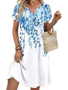 ,Flower Dress Women,2026 Women's Summer Casual Floral V-Neck A-Line T-Shirt Mini Dress Short Sleeve With Pockets Beach Sundress,Casual Summer Dress, S - 白藍色的花 - 查看 12