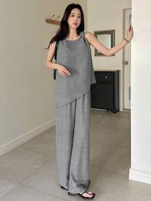 2026 Conjunto de 2 piezas de verano para mujer con sensación de lino, estilo vintage, para playa y tiempo libre, conjunto informal y holgado - Gris - Ver 6
