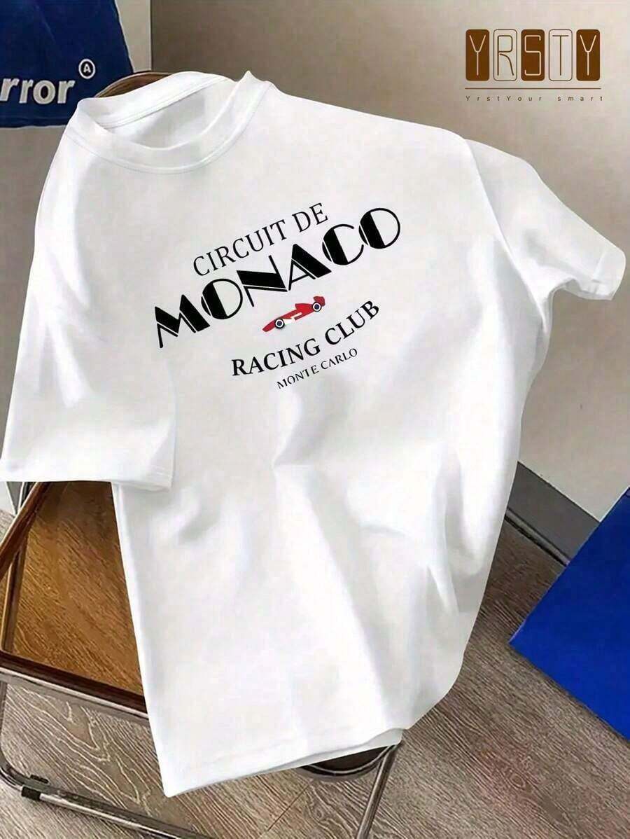 Printed Men's T-Shirt Manfinity Dauomo Outdoor Adventure Monaco Racing Club, Loose-Fitting Short-Sleeved T-Shirt With Crew Neck, Printed With The Monaco Race Track Design, Made Of White Polyester Blend, Suitable For Outdoor Use. - 布蘭克 - 查看 1