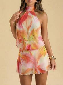 Vestido corto de verano elegante y sexy con estampado floral y espalda descubierta - Rosa - Ver 5