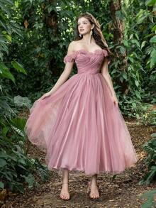 Elisanya Vestido de tul elegante para fiesta, graduación o boda invitada con aplicaciones florales, cierre de cordones en la espalda y escote hombros descubiertos - Rosa vieja - Ver 7