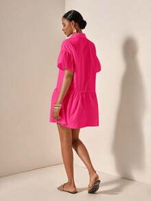 bfdbZivah Vestido de vacaciones de manga corta con volantes en el bajo y botones delanteros de unicolor, para veranosfb x WBBE - Rosa Fucsia - Ver 7