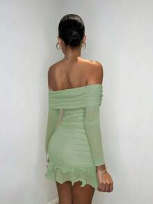 MEXSHEIN  Vestido mini elegante y dulce de manga larga con hombros abiertos, tejido de malla de unicolor, con volantes exagerados en el bajo, adecuado para reuniones de té por la tarde, salidas de moda, citas, salidas dulces, salidas nocturnas, fiestas navideñas, Noche Vieja, atuendos de mujer para vacaciones, vestidos de manga larga, atuendos sexys de mujer, atuendos de mujer para clubes, vestidos mini de manga largaMEX U86X - verde menta - Ver 2