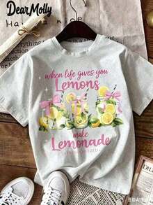 Tropical Clothing For Women DEAR MOLLY Women's Lemonade Print T-Shirt "When Life Gives You Lemons", Retro Casual Lemon Print T-Shirt, Round Neck And Short Sleeve, Suitable For Summer, Vacation And Daily Wear, Unisex Casual T-Shirts, Loose And Comfortable Maija - 灰色 - 查看 3