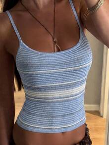 Live To Mo Women's Sexy Striped Bodycon Knit Camisole Tank Top,Backless Design, Beach Vacations Minimalist And Fashion For Daily Wear Casual - Blue and White Stripes - View 9