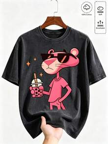 Vintage Acid Wash Pink Oversized T-Shirt, Retro Comic Newspaper Collage Graffiti Spray Paint Graphic Loose Fit 230g Heavyweight Men's Washed Tee - Washed Black 06 - View 1