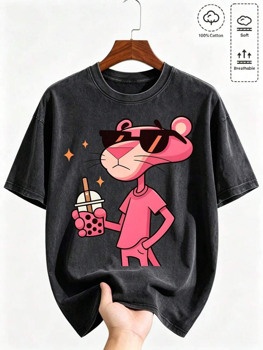 Vintage Acid Wash Pink Oversized T-Shirt, Retro Comic Newspaper Collage Graffiti Spray Paint Graphic Loose Fit 230g Heavyweight Men's Washed Tee - Washed Black 06 - View 1