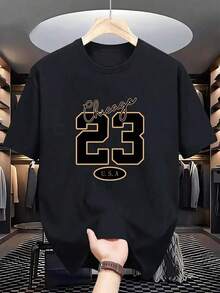 Camiseta de hombre negra con estampado Chicago 23 USA - 100% algodón, transpirable, de secado rápido, cuello redondo, corte regular, camiseta casual para el verano, adecuada para deportes y actividades al aire libre, camiseta con estampado de Chicago, estilo vibrante. - Negro - Ver 6