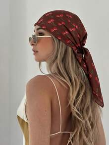 1pc Cherry Print Satin Women's Scarf, Deep Red Square Silk-Like Headscarf, Lightweight Travel Holiday Gift, Summer Multifunctional Accessory - Multicolor - View 2