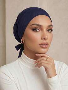 1pc Women's Fashionable Solid Color Elastic Headband Scarf, Versatile Headwrap For Daily Wear - 02-navy Blue - View 3