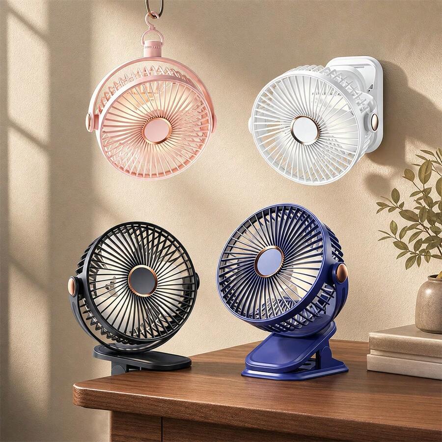 5-Speed Adjustable USB Rechargeable Mini Desk Fan With 3 Night Light Modes, 360° Rotatable Clip/Stand/Hook Design, Portable & Compact For Outdoor, Dorm, Travel, Camping, Office - Multifunctional Clip Fan - View 1