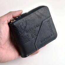 Cartera corta con cremallera para hombre, diseño vintage en relieve, múltiples ranuras para tarjetas, cartera casual y duradera - Multicolor - Ver 4