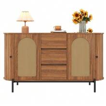 Oval Sideboard With Rattan, Sliding Doors, Doors And Drawers, Adjustable Compartments, Wood Look, Metal Legs, Multifunctional Storage Cabinet - Walnut + MDF - View 3