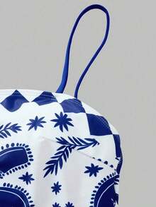 Traje de baño de una pieza con tirantes finos y estampado de palmeras con shorts de cobertura para vacaciones - Azul y blanco - Ver 10