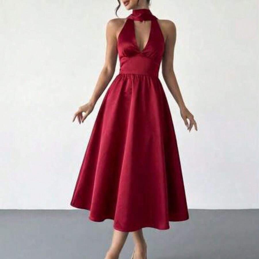 Vestido midi con cuello en V, espalda descubierta y cintura acampanada con lunares retro para mujer, adecuado para el Día de San Valentín, conciertos, actuaciones, citas, fiestas, bodas, sexy, elegante, para ir al trabajo, vuelta al colegio, vacaciones, playa, romántico - Rosa Roja - Ver 1