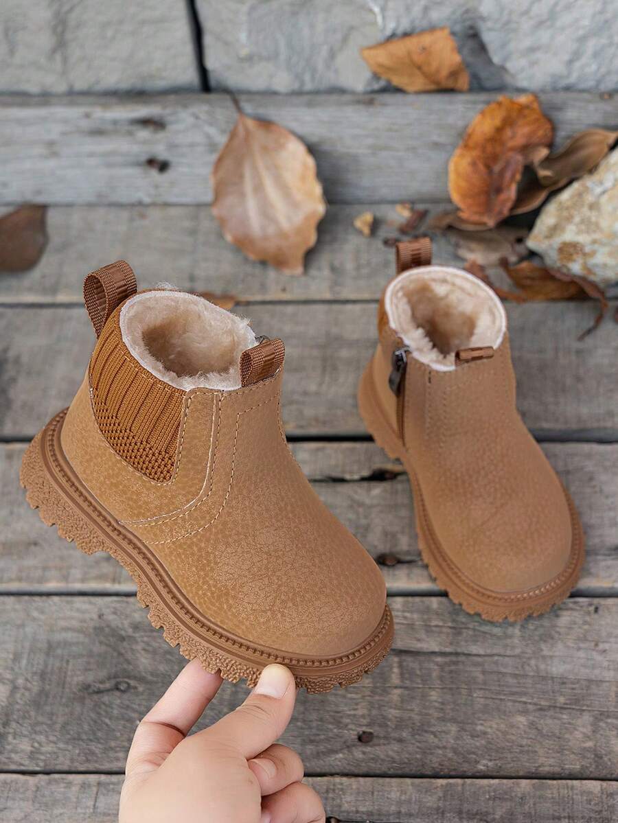 1 Pair Unisex Kids Thermal Lined Warm Snow Boots, Solid Color Textured Pattern Autumn/Winter Outdoor Baby Boots - Khaki - View 1