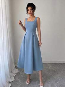 MEXRafferiza Vestido elegante de cuello cuadrado con espalda descubierta y cintura ceñida, con rayas verticales de color azul claroMEX Y2QC - Negro - Ver 9