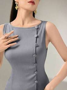 MEXHeiryn Vestido corto elegante de unicolor con dobladillo plisado y sin mangasMEX PD0D - Azul - Ver 3
