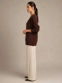 Cardigan Feminino Básico Alongado Tricô Ponto Fang Manga Longa Outono Inverno - Marrom - Visão 3