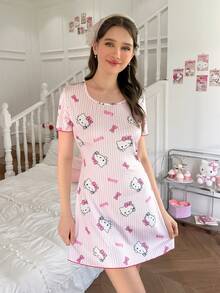 Sanrio,1-Piece,Women's Hello Kitty,Letter&Bow Print,Pink&White Stripes,Round Neck,Cute Sleepwear,Loungewear,Sleepdress,Nightgown,Lingerie,Pajamas - Pink - View 6
