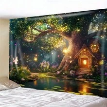 1pc Dreamy Magic Forest Tree House Theme Tapestry, Suitable For Bedroom Decor, Printed With Glowing Tree House And Fireflies Butterfly Forest Pattern, Wall Hanging Decoration - 1PC - View 8
