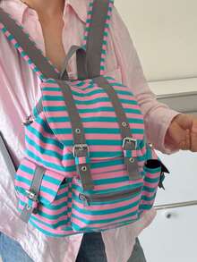 1 pieza Mochila a rayas de gran capacidad y bolsillosúltiples, de estilo minimalista - Multicolor - Ver 9