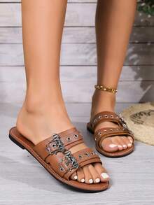 Nuevas sandalias góticas de talla grande con diseño de murciélago y araña con remaches, estilo punk del milenio, sandalias planas casuales para fiesta y uso al aire libre - Marrón - Ver 3