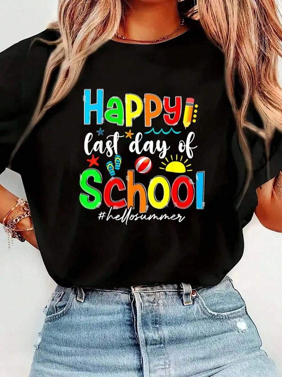 2026 New Products Of Great: Women's Cotton Crew Neck T-Shirt, Funny "Happy Last Day Of School, Hello Summer" Print T-Shirt For Teachers And Students, Casual Short Sleeve Crew Neck T-Shirt, Comfortable For Spring And Summer, Women's Clothing, Easy To Match Wardrobe Essentials, Versatile Short Sleeve T-Shirts That Present A Natural And Elegant Temperament. - 黑色 - 查看 1