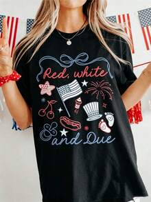 Soft Cotton T-Shirt For Women, Red White And Due Shirt, 4th Of July Pregnancy Reveal Shirt, Summer Pregnancy Announcement Tee, Expecting Mom To Be T-Shirt, Comfortable Mother's Day Clothing - 黑色 - 查看 1