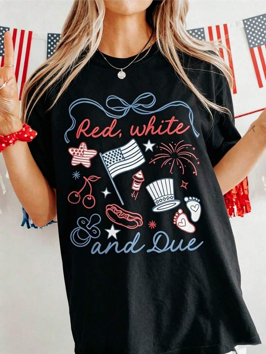 Soft Cotton T-Shirt For Women, Red White And Due Shirt, 4th Of July Pregnancy Reveal Shirt, Summer Pregnancy Announcement Tee, Expecting Mom To Be T-Shirt, Comfortable Mother's Day Clothing - 黑色 - 查看 1