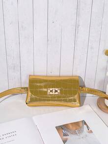 Bolso de cintura de cuero con hebilla en relieve de mini cocodrilo - Dorado - Ver 3