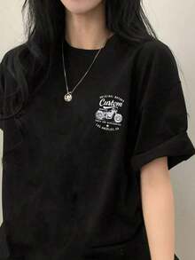 Funny T-Shirts Minimalist Funny T-Shirt Limited Time Offer Limited Time Offer New Release Promotion Women's Japanese Style Short Sleeve T-Shirt, Loose Fit, Crew Neck, Casual, Versatile, With Letter And Motorcycle Print, For Spring/Summer. OQV9 - 黑色 - 查看 3