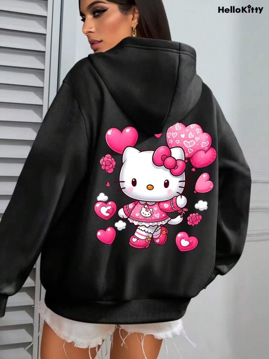 Sanrio Authorized Hellokttiy- Love Theme Pattern-Hooded Sweater - Negro - Ver 1