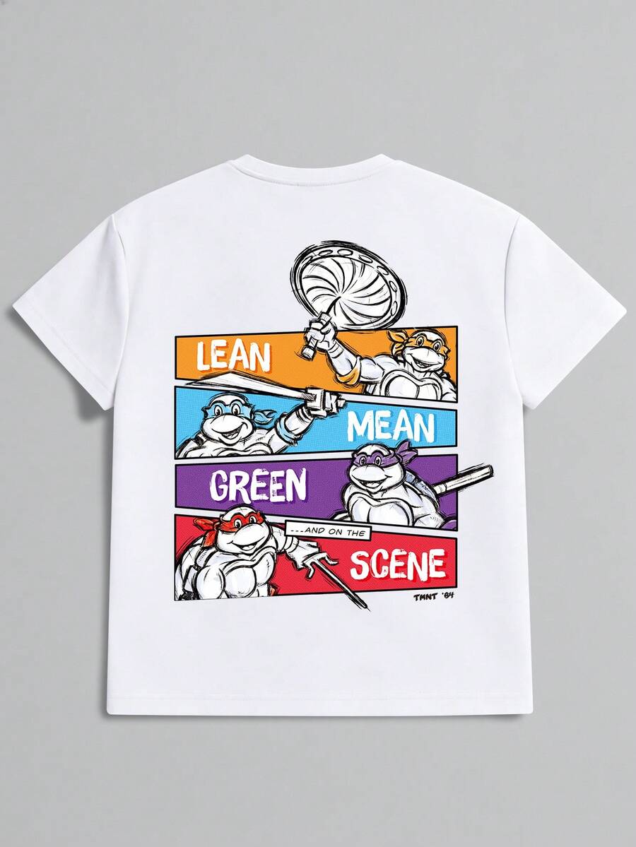 Strevion TEENAGE MUTANT NINJA TURTLES | SHEIN 男款簡約忍者龜漩渦圖案字母印花圓領短袖夏季T恤 - 白色 - 查看 1