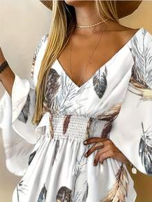 Batwing Sleeve Dress With Print And V-Neck - 鵝黃色 - 查看 4