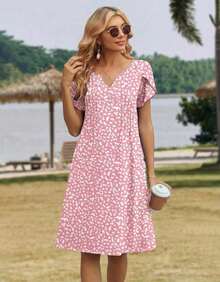 ,Flower Dress Women,2026 Women's Summer Casual Floral V-Neck A-Line T-Shirt Mini Dress Short Sleeve With Pockets Beach Sundress,Casual Summer Dress, Summer Casual Dress, Holiday Choice - 粉紅白色 - 查看 4