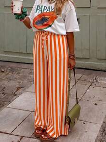 Women's Casual Striped Straight Leg Loose Pants, Suitable For Summer Holiday And Daily Wear Vacation - Orange - View 3