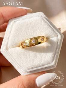 1 chiếc nhẫn bạc 925 đính đá Zirconia trắng, thiết kế thanh lịch và thời trang, trang sức tinh tế, thích hợp làm quà tặng kỷ niệm/sinh nhật. - Vàng - Xem 7