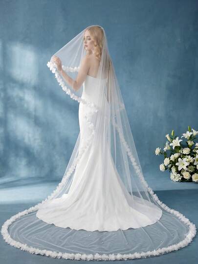 1 chiếc khăn voan cô dâu hai lớp dài, đính hoa 3D giả ngọc trai thủ công, kèm lược cài tóc, thích hợp cho đám cưới tại nhà thờ, phụ kiện váy cưới.