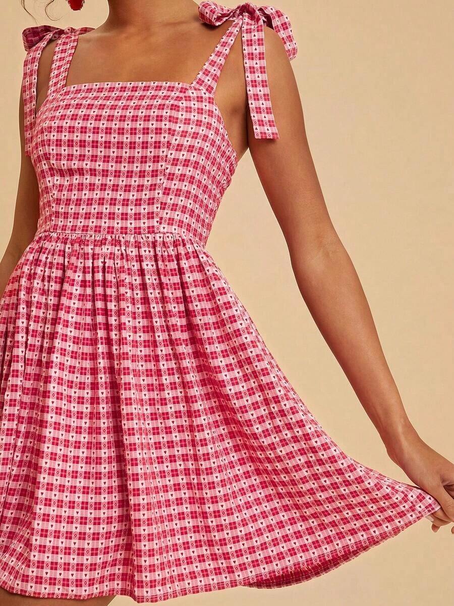 xheTravachic Vestido de verano de mujer con cuello cuadrado, sin mangas, con cintura ajustada y lazo delantero, en estampado floral. Conjunto de vacaciones para mujer, atuendos para vacaciones, atuendos de playa, conjuntos de verano para mujer, vestidos de verano para mujer, vestidos para mujer, vestido de veranoxhe - Rojo y blanco - Ver 1