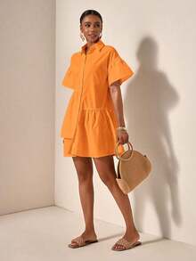bfdbZivah Vestido de vacaciones de manga corta con volantes en el bajo y botones delanteros de unicolor, para veranosfb x WBBE - Naranja - Ver 8