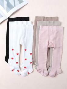 6pcs Girls' Solid Color & Heart Pattern Leggings Combo, Versatile Tights Suitable For Spring, Autumn And Transition Seasons, Basic Daily Wear For Toddlers Aged 0-3 Years - Multicolor - View 3