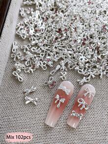 30/50/102pcs Mini Nail Art Decoration Set, Multiple Styles Bow Silver Nail Art Charms, French Versatile Metal Summer Nail Accessories, Suitable For Short Nails, Applicable For Valentine's Day, Music Festival, Multi-Functional DIY Decorations - Multicolor - View 8