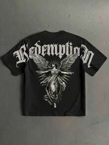 2026 Summer New Arrivals: Unique Design Y2kStoneGrade Men's Round Neck Angel Letter Print Casual Versatile Daily Wear T-Shirt. The Pattern Is Specially Designed For Pope's Day, Exclusive To Independence Day And The Declaration Of Independence. A Fashionable Men's T-Shirt For Summer - Black 3 - View 1
