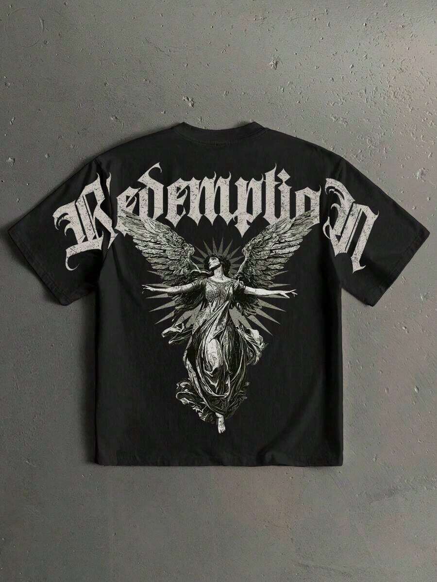 2026 Summer New Arrivals: Unique Design Y2kStoneGrade Men's Round Neck Angel Letter Print Casual Versatile Daily Wear T-Shirt. The Pattern Is Specially Designed For Pope's Day, Exclusive To Independence Day And The Declaration Of Independence. A Fashionable Men's T-Shirt For Summer - Black 3 - View 1