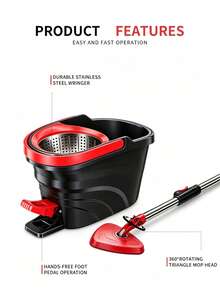 1 Set Foot Pedal Spin Mop & Bucket With Wringer, 360° Rotating Mop System With 4 Microfiber Mop Heads, 135cm Extended Handle Spinning Mop, Red & Black Household Cleaning Supplies - 腳踏款拖把桶套裝 - 查看 7