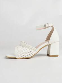 Sandal nữ gót dày đính ngọc trai, thiết kế khoét rỗng, có quai cổ chân - trắng - Xem 10
