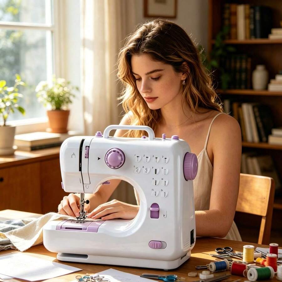 TAIMASI Portable Electric Sewing Machine, Professional Version, 12 Stitch Patterns, Adjustable Speed, Overlock Function, Lightweight & Easy-To-Use For DIY, Crafts, Beginners & Home Repairs, Ideal Birthday Halloween Christmas Holiday Gift - White and Purple - View 1