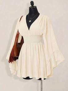 ICON Vestido corto elegante de manga larga con cuello en V y cintura ceñida de unicolor para mujer - Albaricoque - Ver 8