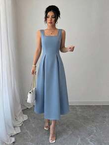 MEXRafferiza Vestido elegante de cuello cuadrado con espalda descubierta y cintura ceñida, con rayas verticales de color azul claroMEX Y2QC - Negro - Ver 8